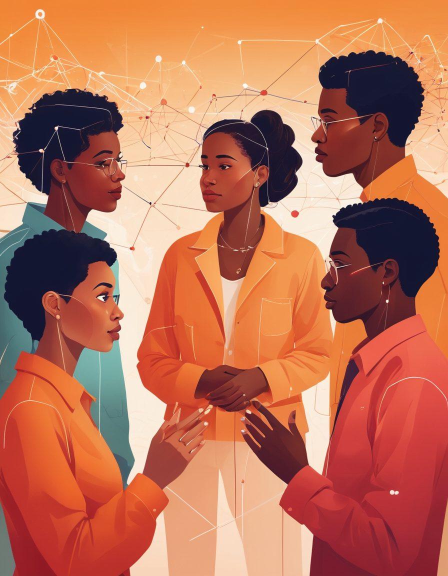 A visual representation of a diverse group of people engaged in deep conversation, surrounded by floating graphs and data points symbolizing relationship analytics. Show elements of empathy through facial expressions and body language, with a warm color palette to evoke connection. Include abstract representations of data such as heartbeats and network lines intertwining. The background should be soft, enhancing the focus on the interactions. vector art. warm colors. abstract.