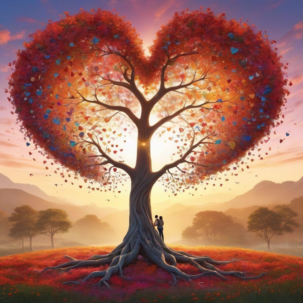 A whimsical illustration showing a heart-shaped tree with vibrant leaves representing various love-related symbols, people of diverse backgrounds gathered around sharing insights and ideas, with thought bubbles depicting innovative concepts about love. The background features a sunrise symbolizing new beginnings. super-realistic. vibrant colors. 3D.