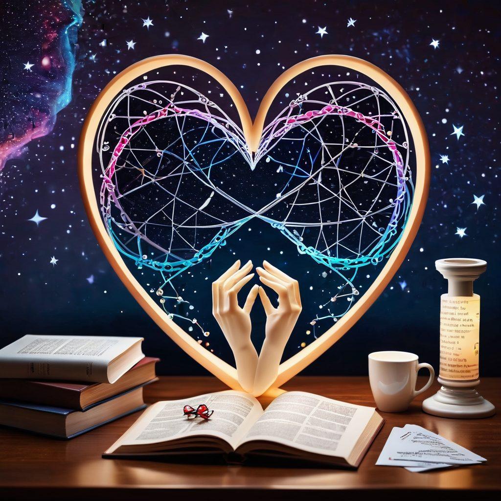 A captivating split scene depicting a heart made of intertwined DNA strands symbolizing the science of love, surrounded by floating elements like magnifying glasses, graphs, and relationship icons. On one side, a psychologist’s workspace with books and notes, and on the other, a couple holding hands under a starry sky. The overall ambiance conveys warmth, curiosity, and innovation. vibrant colors. super-realistic.
